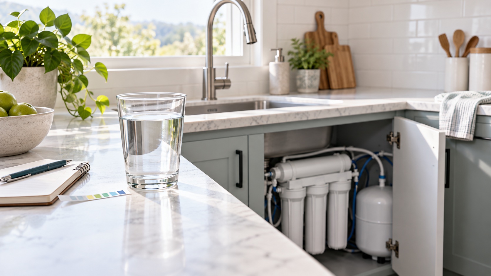Reverse osmosis drinking water system under a kitchen sink with a clear glass of water
